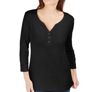Jet Black 3 button Henley 3/4 sleeve t-shi…
